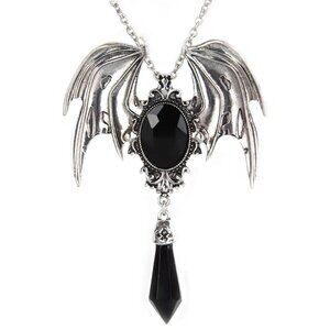 Silver Bat Pendant Necklace | Black Crystals | 20-In. Gothic Chain | Halloween